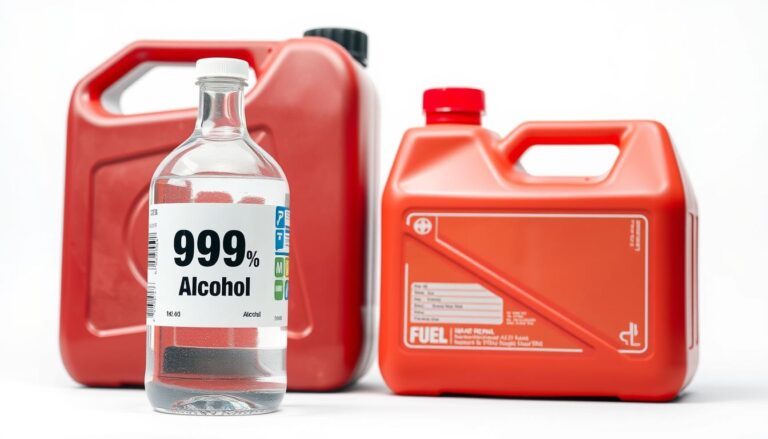 Bottle of isopropyl alcohol next to a fuel container showing the clear liquid