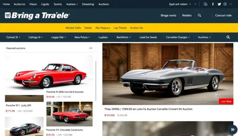 Bring a Trailer homepage showing featured auctions including Porsche 911 and Chevrolet Corvette listings