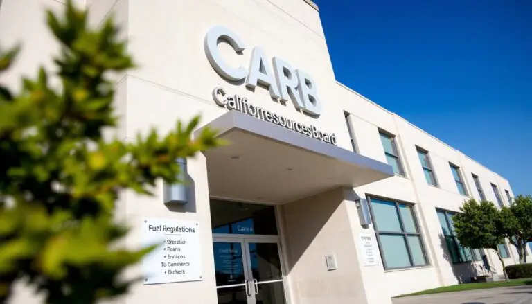 California Air Resources Board (CARB) headquarters building with California 93 octane regulation signage