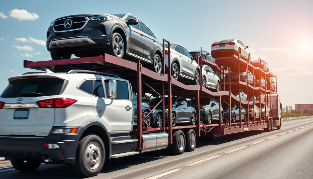 Car carrier truck transporting new vehicles to dealerships Car carrier truck transporting new vehicles to dealerships