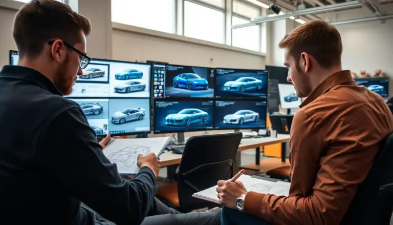 Car designers working on initial concept sketches for a new vehicle model