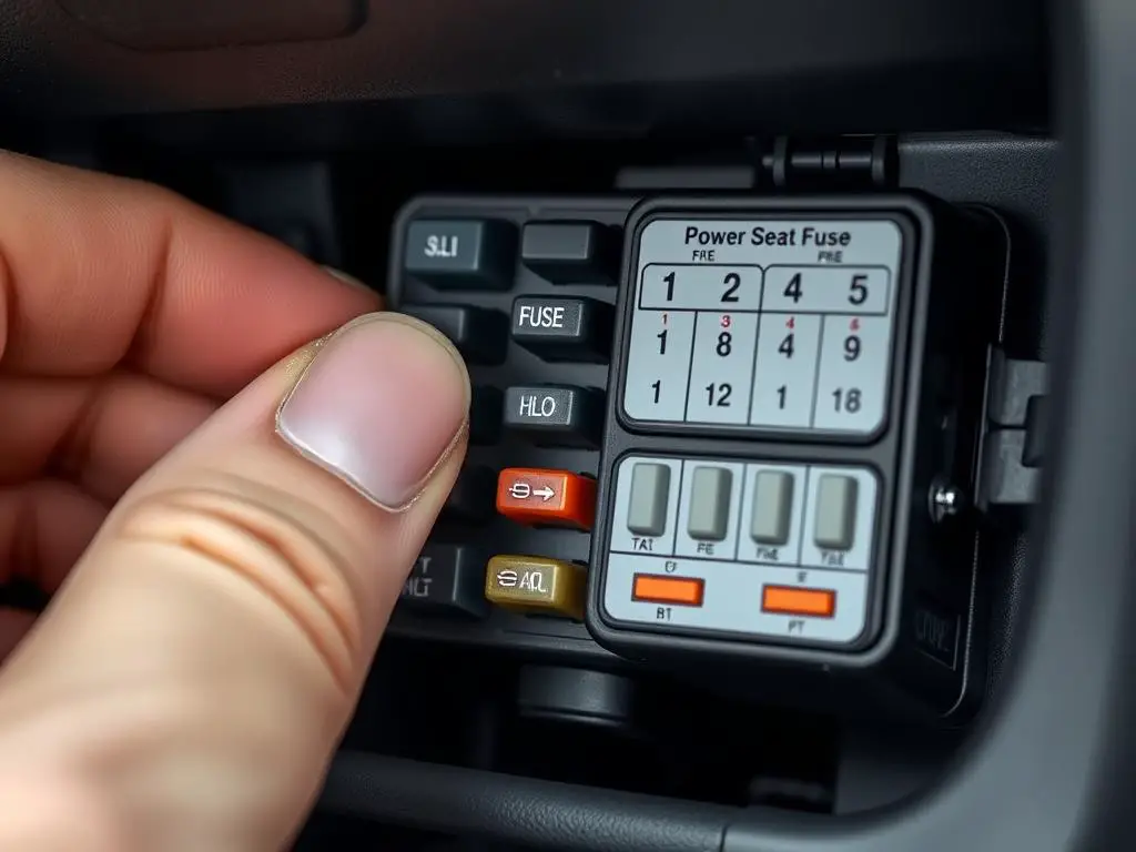 Car fuse box with seat fuse highlighted for troubleshooting car seat that won't move back