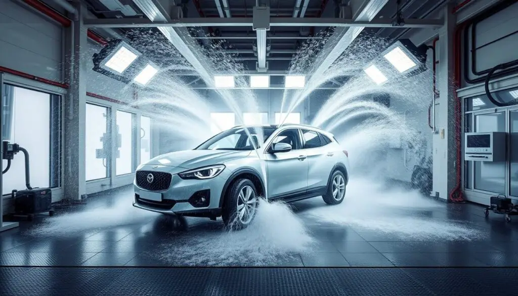 Car undergoing water leak testing in a specialized chamber Car undergoing water leak testing in a specialized chamber
