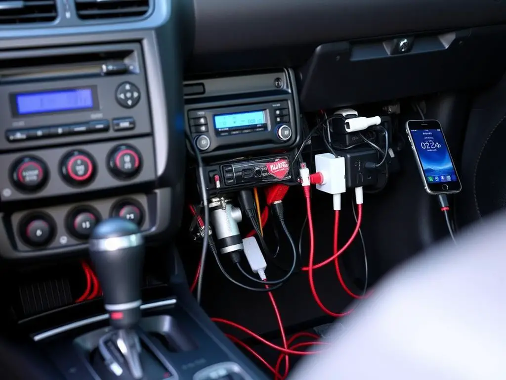 Car with high-powered audio system and multiple electronic accessories