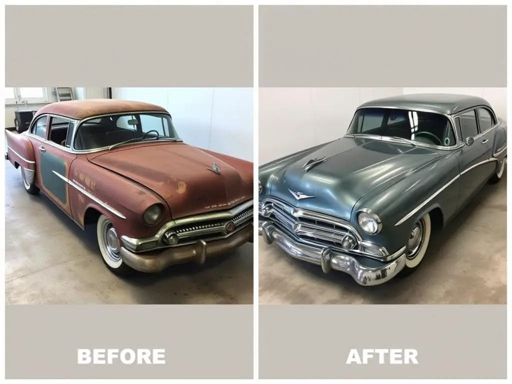 Classic car restoration project showing before and after transformation Classic car restoration project showing before and after transformation