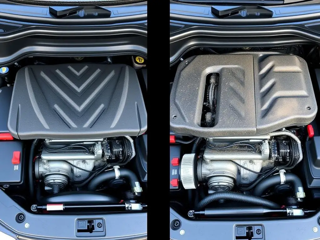 Clean engine bay with engine cover compared to dirty engine without cover