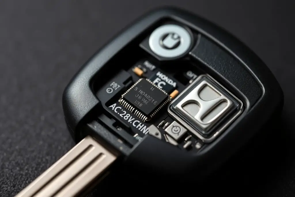 Close-up of Honda key fob with visible transponder chip that communicates with the immobilizer system