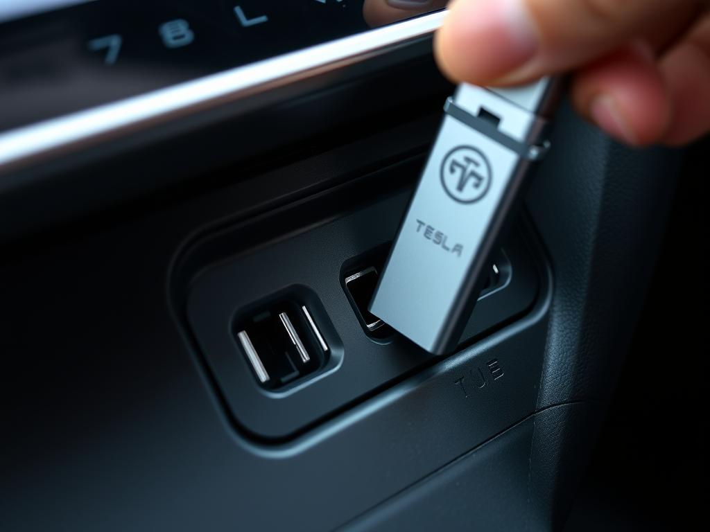 Close-up of Tesla USB ports with flash drive being inserted