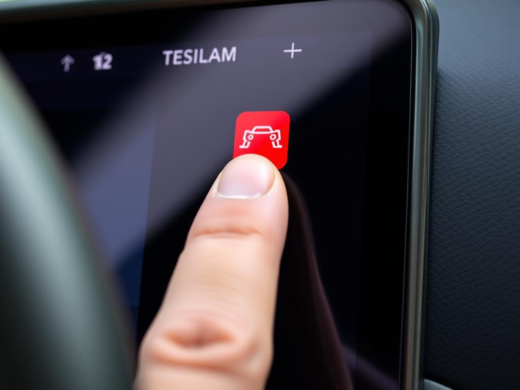 Close-up of Tesla touchscreen showing dashcam icon being tapped to save footage