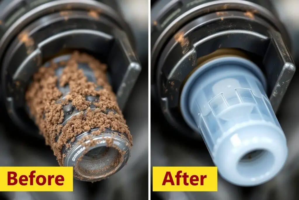 Close-up of fuel injectors showing potential cleaning effect of isopropyl alcohol