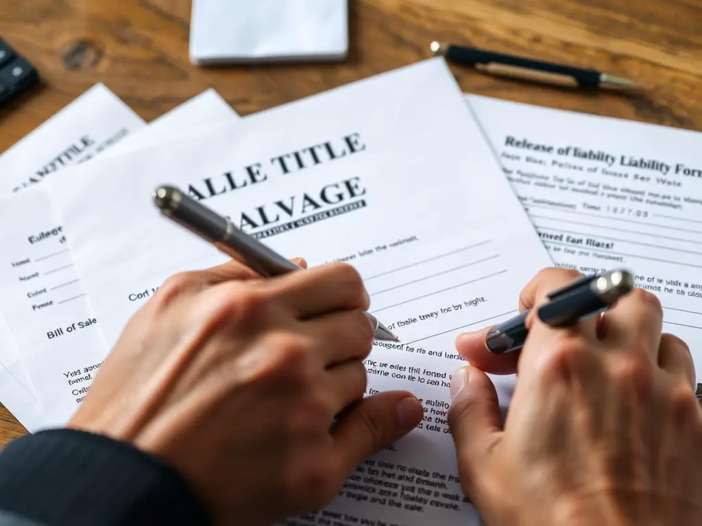 Close-up of salvage title transfer paperwork being completed Close-up of salvage title transfer paperwork being completed