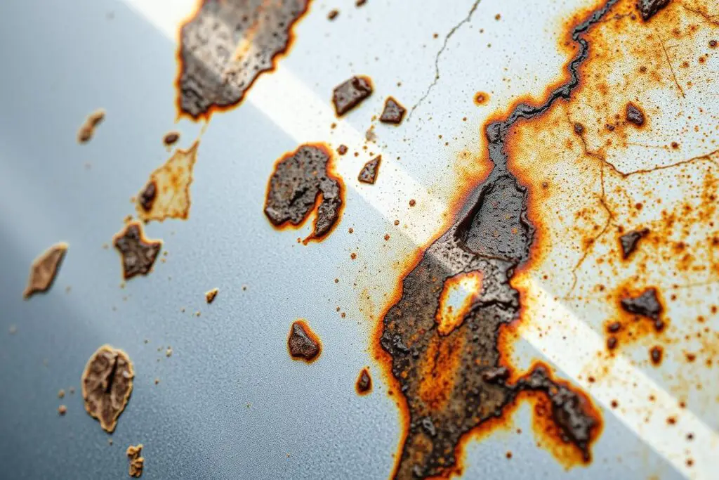 Close-up of severe gasoline damage car paint showing etching and discoloration