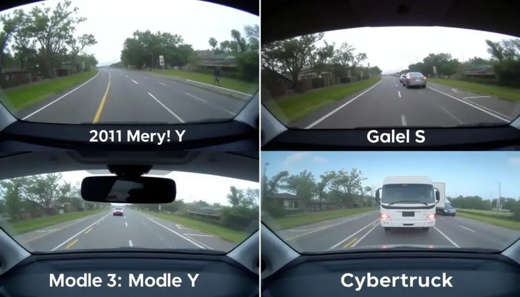 Comparison of dashcam views from different Tesla models showing camera angles