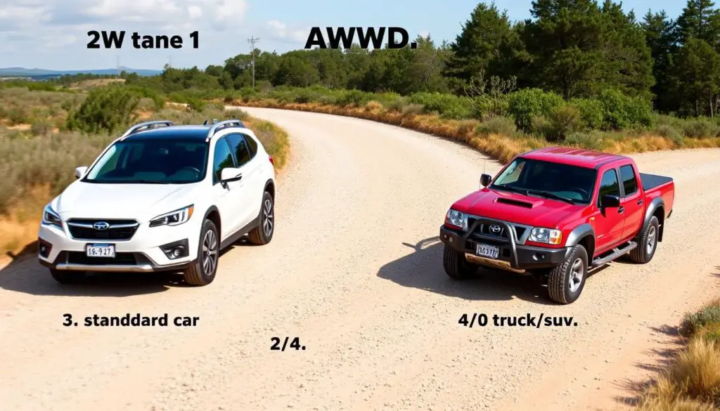 Comparison of different vehicle types (2WD, AWD, 4WD) on a gravel road showing driving on gravel or dirt roads safety tips Comparison of different vehicle types (2WD, AWD, 4WD) on a gravel road showing driving on gravel or dirt roads safety tips