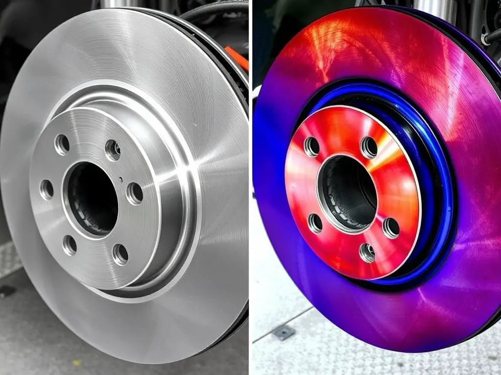 Comparison of normal rotor heat vs. overheated rotor with blue discoloration