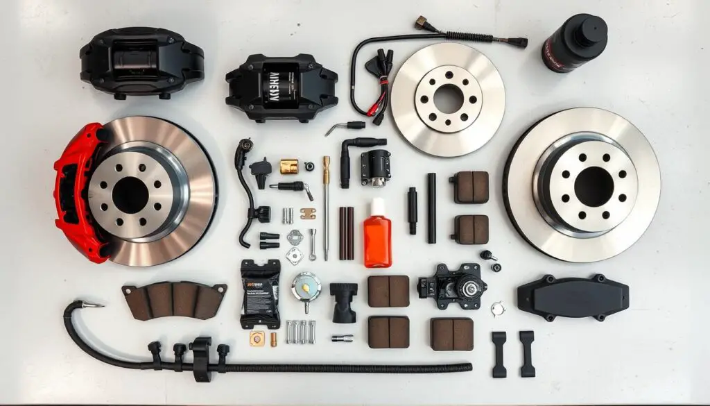 Complete brake system components laid out for inspection