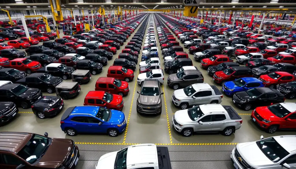 Completed Chevy Colorado trucks at the end of the production line ready for distribution Completed Chevy Colorado trucks at the end of the production line ready for distribution