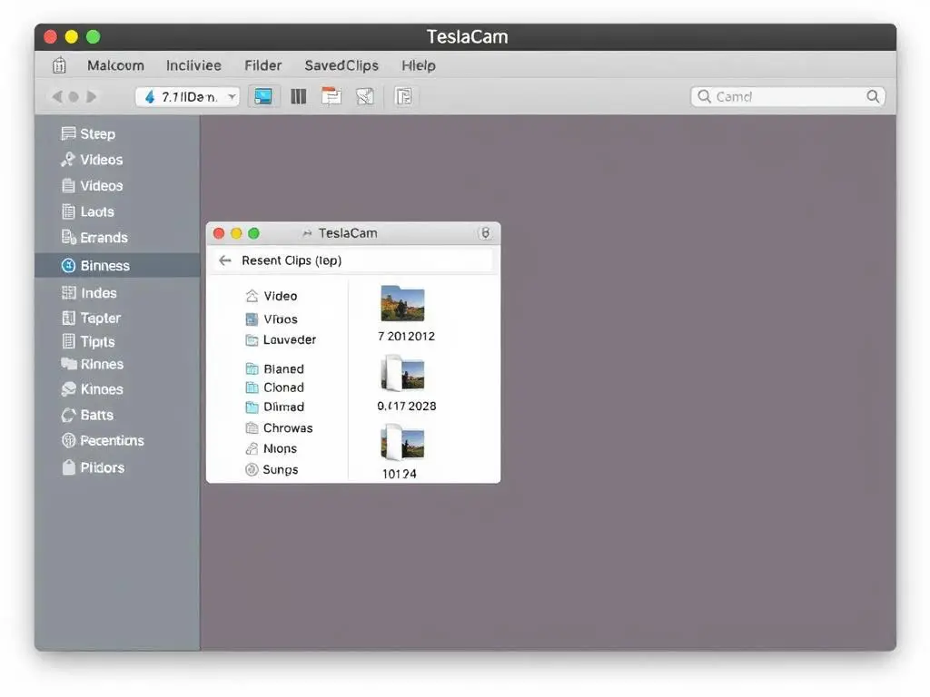 Computer screen showing Tesla dashcam footage folders and files structure