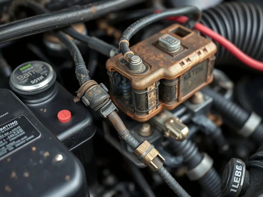 Corroded electrical connections and wiring harness in a Jeep engine bay