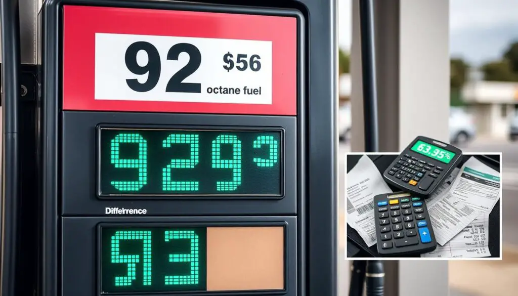 Cost comparison between 92 and 93 octane gas showing price differences at the pump