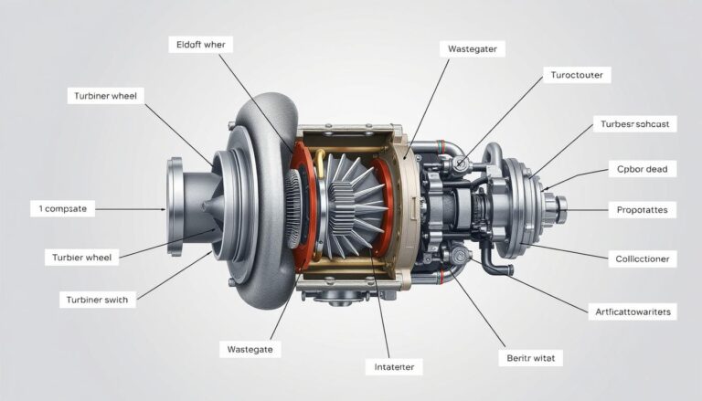 Cutaway diagram of a turbocharger showing its internal components and how it connects to an engine