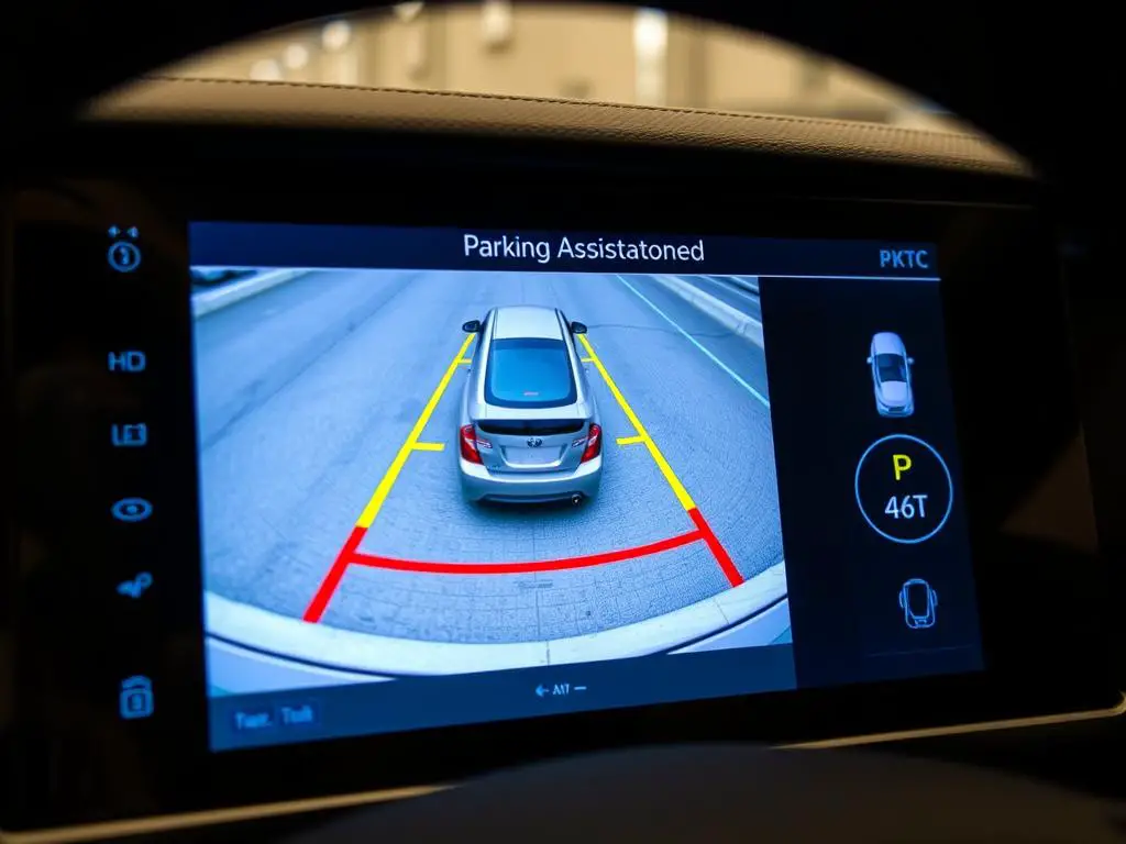 Dashboard display showing Toyota Parking Assistance Package interface with parking guidance lines Dashboard display showing Toyota Parking Assistance Package interface with parking guidance lines
