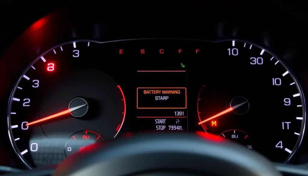 Dashboard warning lights indicating battery issues in Jeep Compass