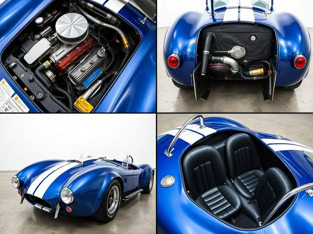 Detailed inspection photos of a Shelby Cobra showing engine bay, undercarriage, and interior condition