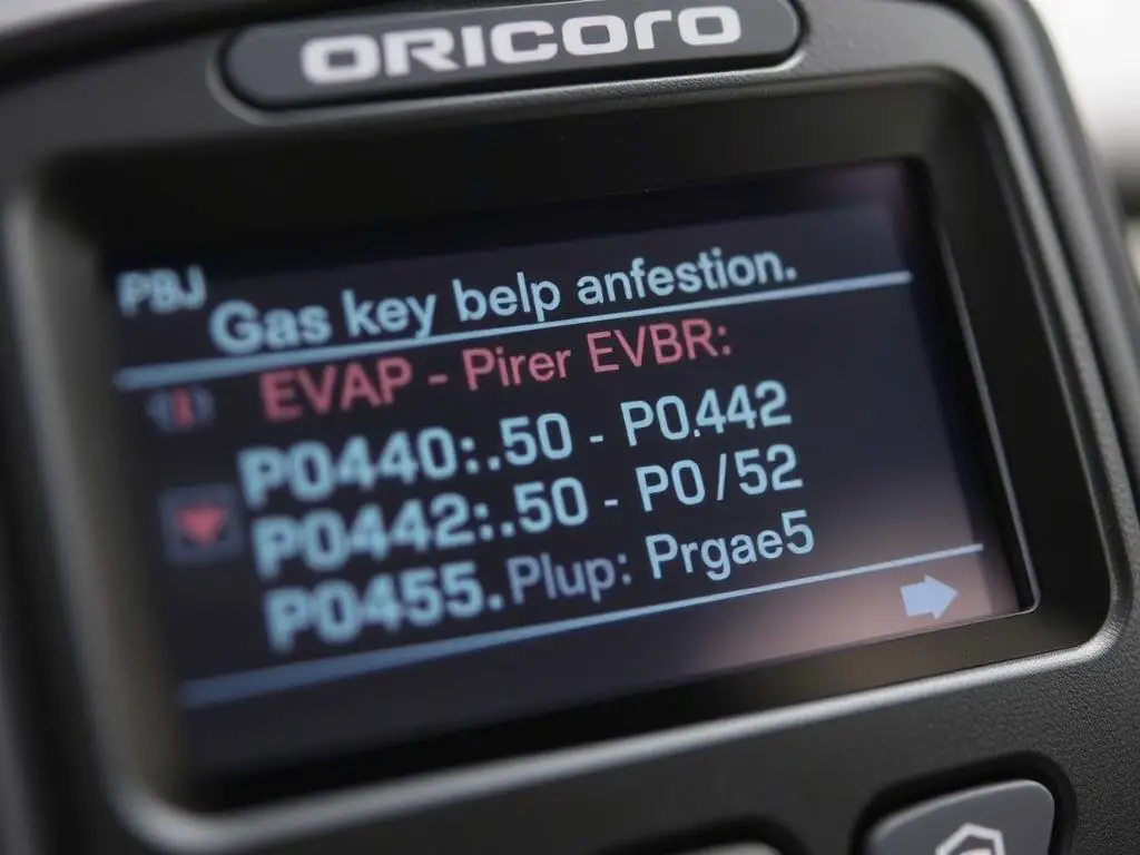 Diagnostic scanner showing EVAP system error codes related to gas cap issues