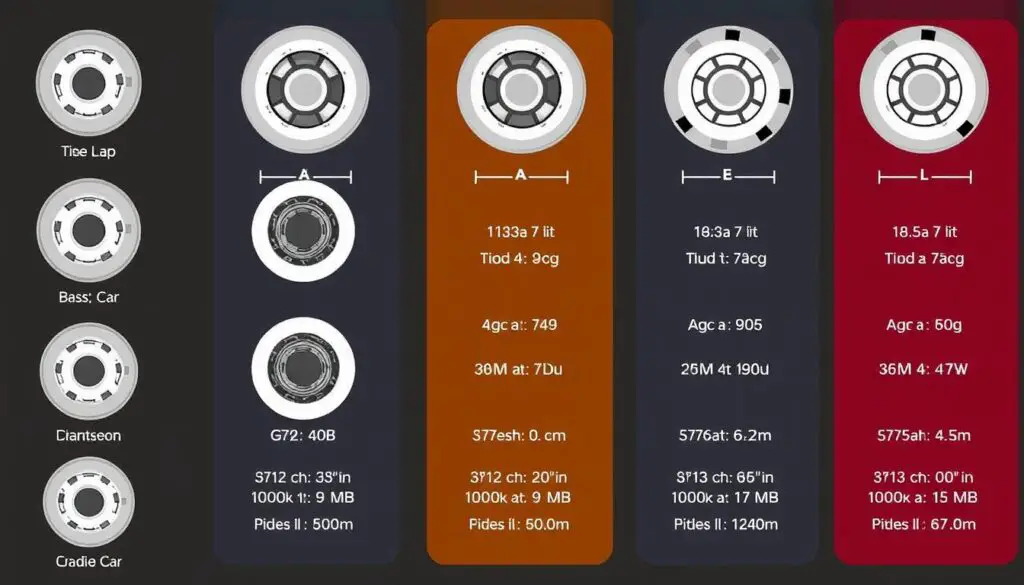 Diagram showing gas cap thread patterns and sizes for different vehicle makes