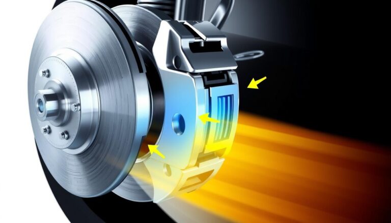 Diagram showing how brake pads and rotors create friction and heat during braking