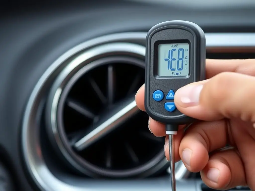 Digital thermometer measuring cold air from car AC vent