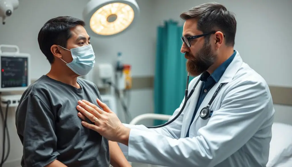 Doctor examining patient affected by gasoline inhalation