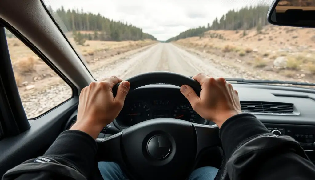 Driver demonstrating proper hand position on steering wheel for control when driving on gravel or dirt roads Driver demonstrating proper hand position on steering wheel for control when driving on gravel or dirt roads