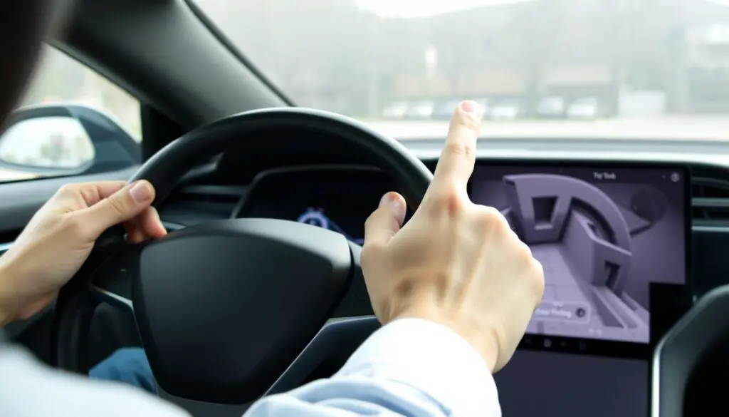 Driver honking Tesla horn to save dashcam footage with visual indicator on screen