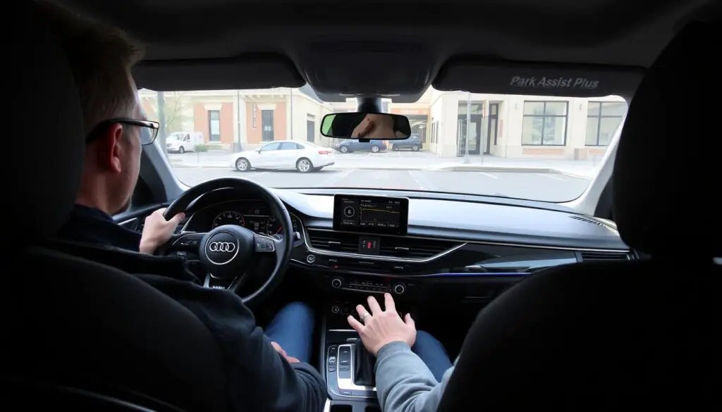 Driver relaxing while Audi Park Assist Plus handles parking