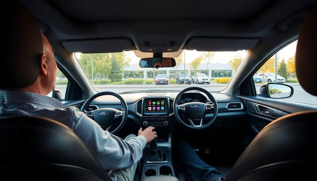 Driver relaxing while Ford Active Park Assist handles parking Driver relaxing while Ford Active Park Assist handles parking