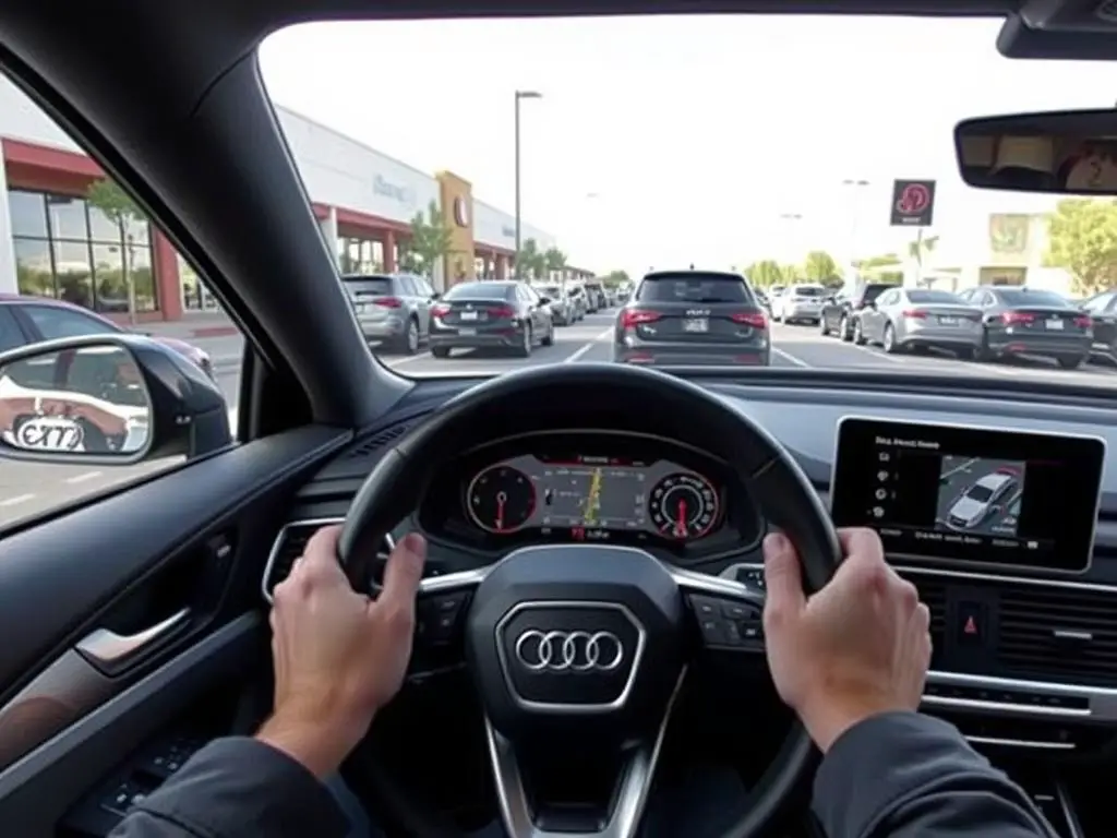 Driver using Audi Park Assist Plus in a busy parking lot