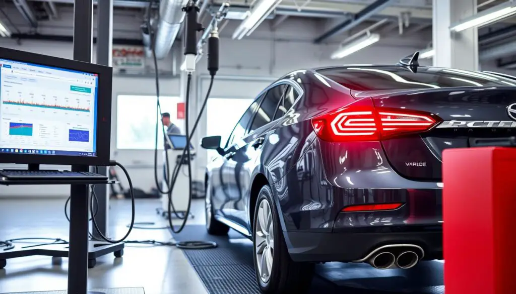 Emissions testing facility with vehicle undergoing inspection