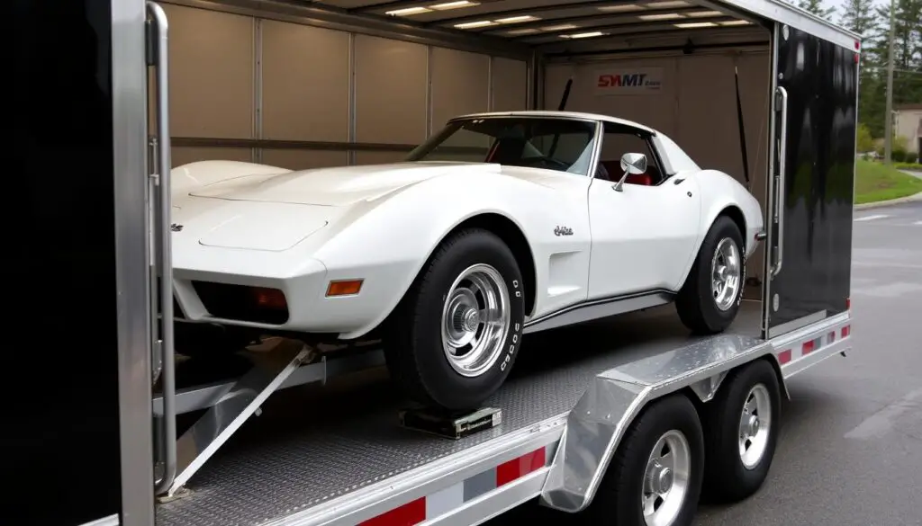 Enclosed car transport trailer loading a classic Chevrolet Corvette purchased from Bring a Trailer