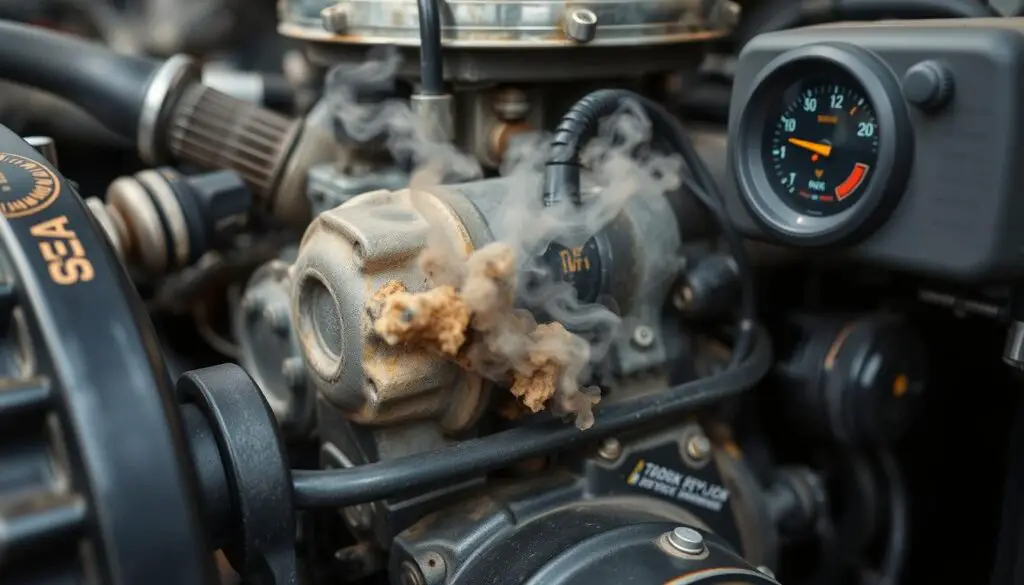 Engine with visible performance issues due to improper air-fuel mixture