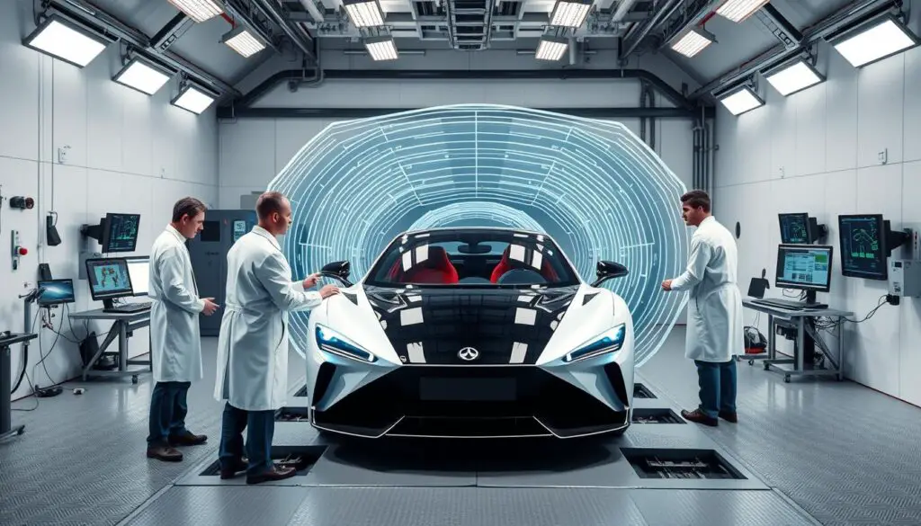Engineers testing a car prototype in a wind tunnel to optimize aerodynamics Engineers testing a car prototype in a wind tunnel to optimize aerodynamics