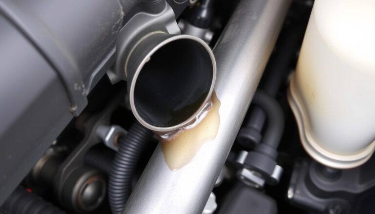 Exhaust manifold with visible leak between manifold and cylinder head showing exhaust manifold leak repair area