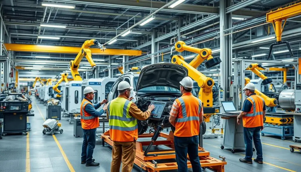 Factory workers setting up tooling and equipment for car manufacturing Factory workers setting up tooling and equipment for car manufacturing
