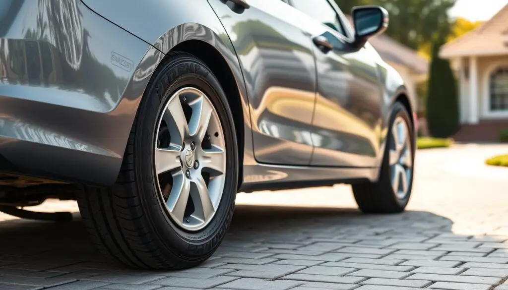 Falken Sincera SN250 A/S tires on a family sedan in a suburban setting Falken Sincera SN250 A/S tires on a family sedan in a suburban setting
