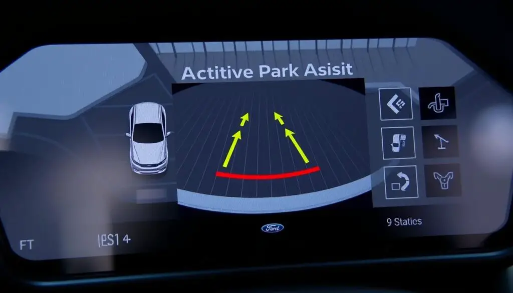 Ford Active Park Assist display screen showing parking space detection Ford Active Park Assist display screen showing parking space detection