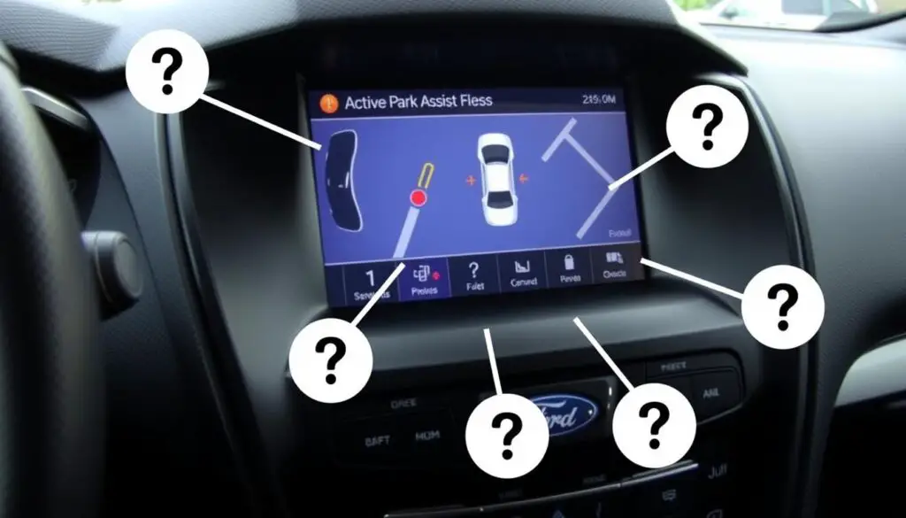 Ford dashboard showing Active Park Assist interface with FAQ indicators Ford dashboard showing Active Park Assist interface with FAQ indicators