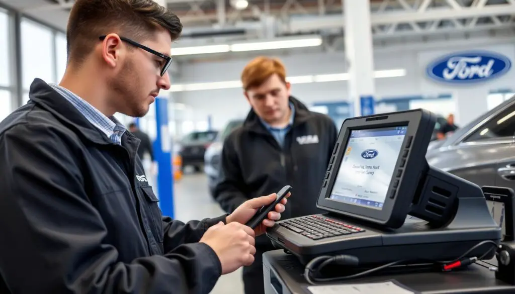 Ford dealership service center with technician working on key programming
