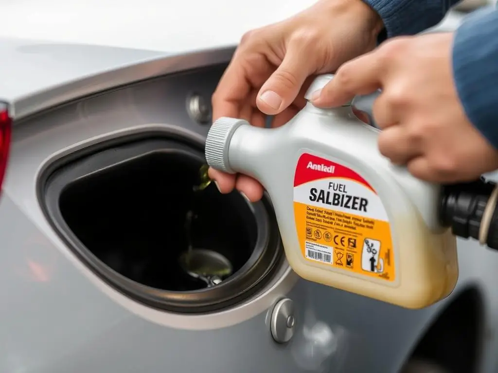 Fuel stabilizer product being added to gas tank