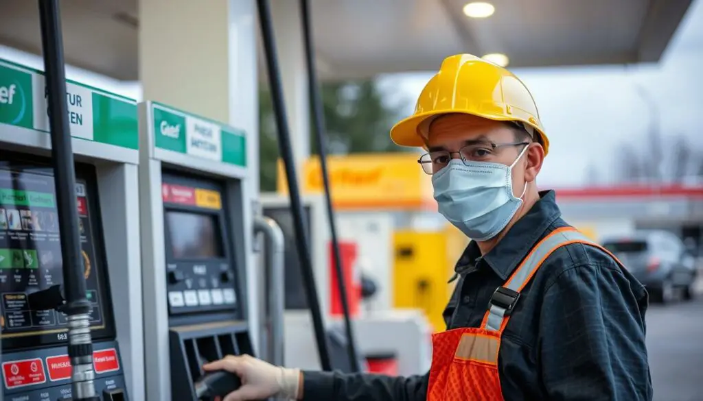 Gas station worker wearing protective mask while handling fuel